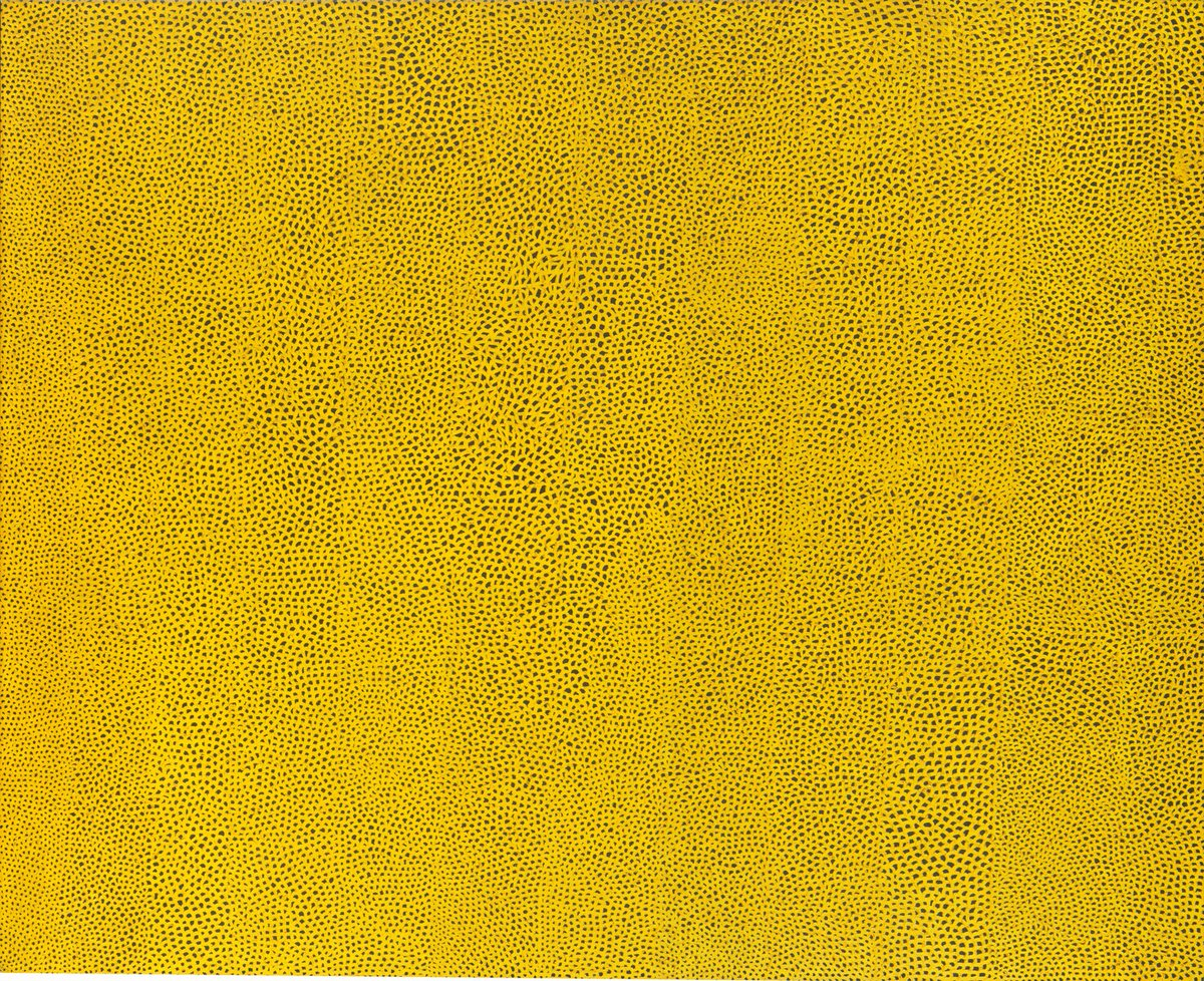Yayoi Kusama’s teeming, hive-like pattern of small interlocking loops crowds the surface of “Infinity Net Yellow” (1960). Imagine the intensity of effort and focus it took the artist to cover a canvas nearly 10 feet long by 8 feet high.