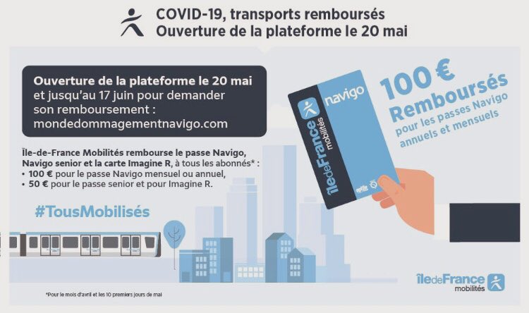 Mairiedu3's tweet photo. Depuis le 20 mai, les voyageurs abonnés #navigo peuvent formuler une demande de remboursement pour le mois d’avril et les 10 premiers jours du mois de mai suite à la crise sanitaire #Covid_19 

Rendez-vous sur le site: https://t.co/FNdXHh1Imo https://t.co/50atogaqQU
