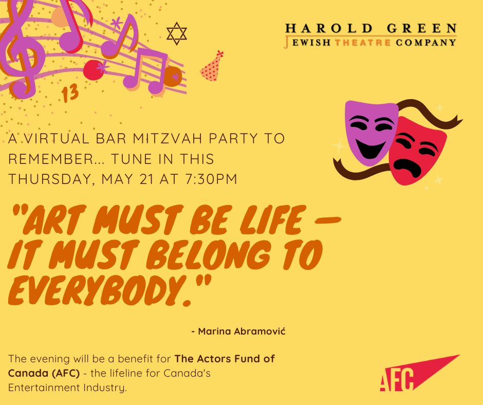 uponline_dm's tweet photo. The @HGJewishTheatre is turning 13! Let's celebrate by attending their Virtual Bar Mitzvah Party tonight at 7:30pm! Free Entrance! The evening will be a benefit for @AFC_helps 
#BarMitzvahParty #VirtualParty #TorontoTheatre #JewishTheatre #GreenwinTheatre #HGJT https://t.co/1P9AGOfhqP