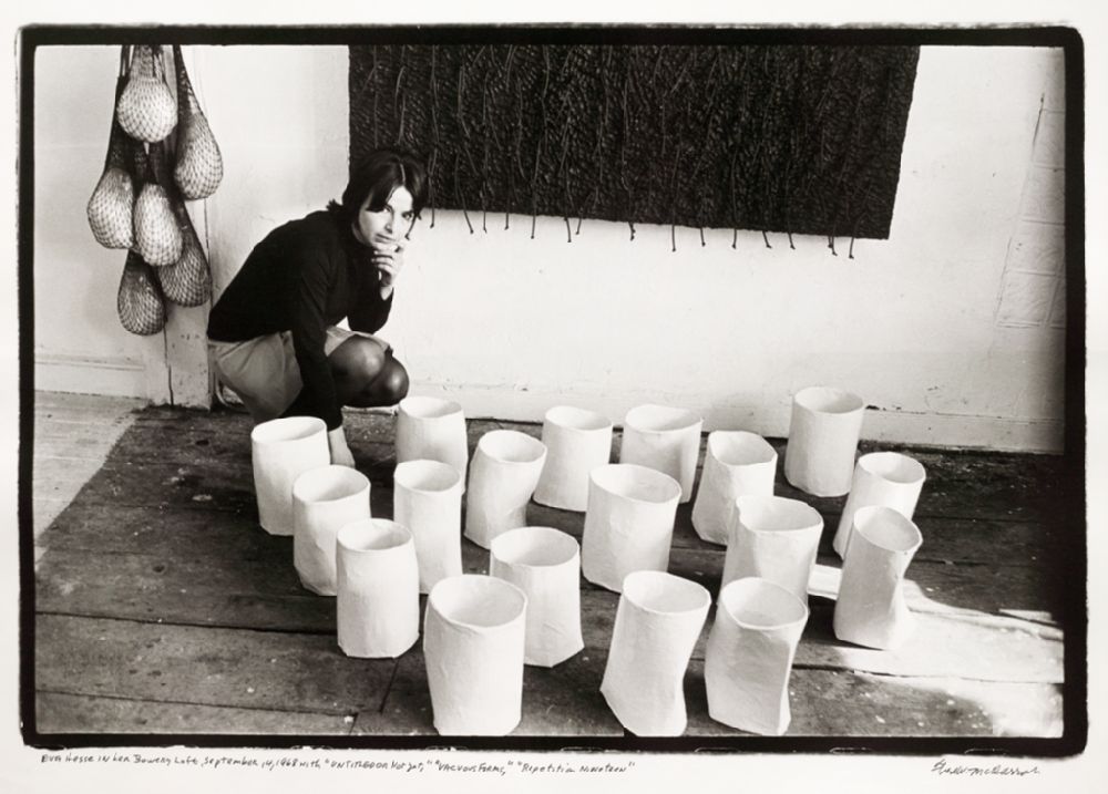 Eva Hesse and the next artist up, Yayoi Kusama, were friends and had art studios in the same building in New York City. [Fred W. McDarrah, “Eva Hesse in her Bowery Loft, September 14, 1968,” NGA Library]