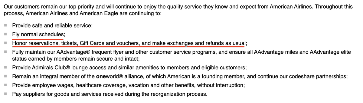 How do we know? Because AA has gone through this before. When they declared bankruptcy in 2011, here’s what they said: https://www.aa.com/i18n/information/restructuring.jsp?anchorLocation=DirectURL&title=restructuring
