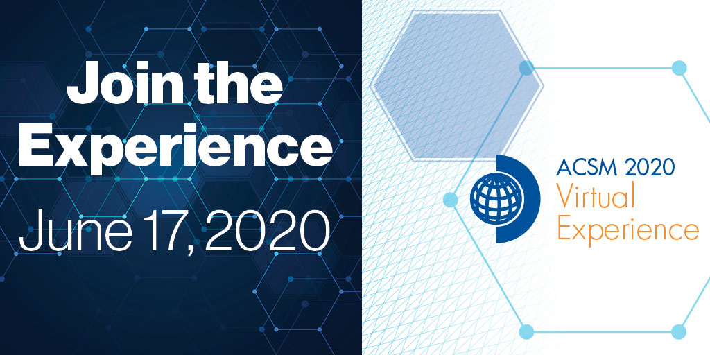 ACSMNews's tweet photo. ACSM's 2020 Virtual Experience will be available beginning June 17th! Save the date for on-demand sessions, eposter presentations, a virtual 5K and more! https://t.co/QzPKBI4ZSC #ACSM20 https://t.co/5JwTJS233z