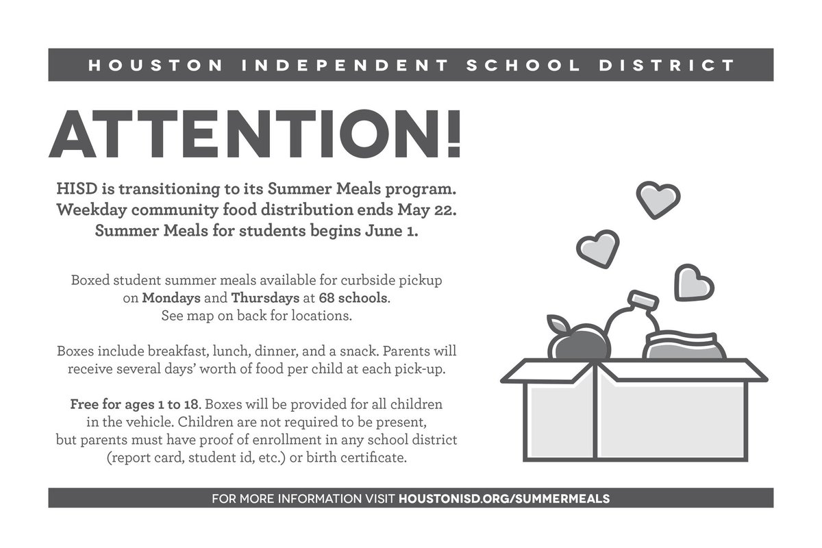 HoustonISD's tweet photo. REMINDER: #HISD is launching curbside summer meals for students on Mondays and Thursday at 68 select schools beginning June 1. Free to ages 1 to 18. Parents receive several days’ worth of food per child at each pick-up. More details: https://t.co/YQn9C7abd5 https://t.co/K922ICsKmh