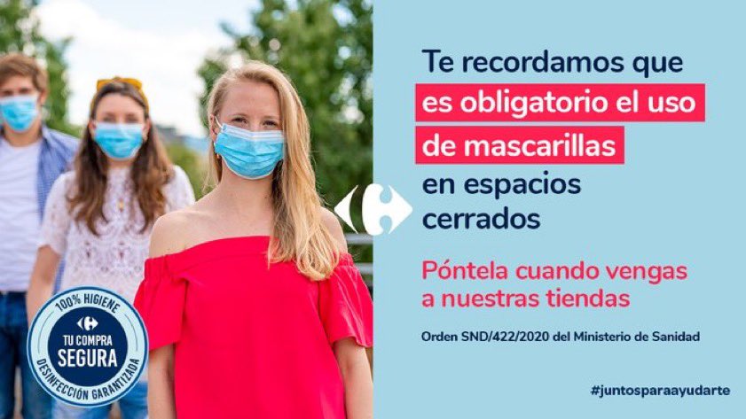CarrefourES's tweet photo. ¡Póntela! Porque si todos llevamos mascarillas, reducimos el riesgo de contagio, y recuerda que su uso es obligatorio en espacios cerrados, como en nuestras tiendas.

#JuntosParaAyudarte 👉 https://t.co/d9x22TNrXW https://t.co/l7D5uGQ1bw