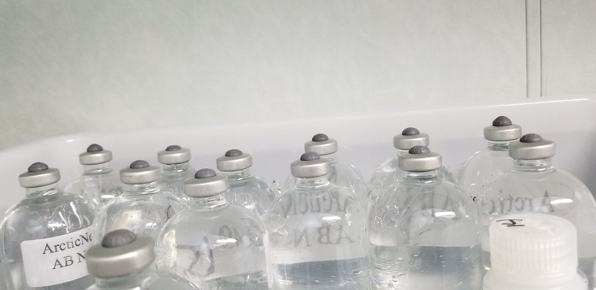 Another side effect of the cold water is that as the bottles came up to room temperature in the lab the water expands. Here's a before and after picture, on the left are bottles fresh off the niskon, the right are the same bottles at room temp.