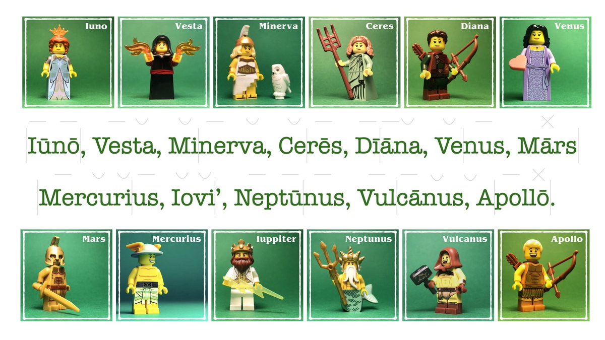 This remarkable fragment from the poet Ennius (239-169BC) names each of the original Roman Olympians is 2 hexameter lines.