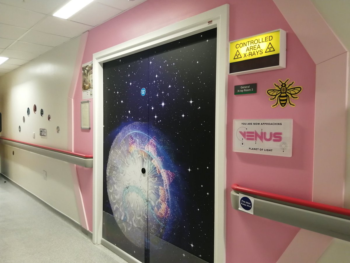 Limearthealth's tweet photo. Sprinkling some Lime magic over at the RMCH Radiology department as we revisit and reinstall artwork for the award wining 'Starship XRay' this evening. Andy and Mike from Multiprint Solutions Stockport doing a fabulous job as always. @MFTnhs @MFT_PatientExp @RMCHosp @RMCHcharity https://t.co/i6OHLO4SE0