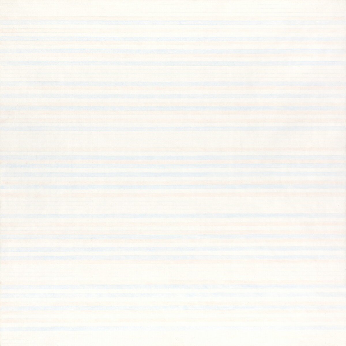 Next up is “Untitled #2” (1981) by Agnes Martin. Her art is notoriously difficult to photograph with its subtle colors and delicate pencil marks. A hybrid of drawing and painting, it connects to Kusama’s art through the deliberate and repetitive way it was made.