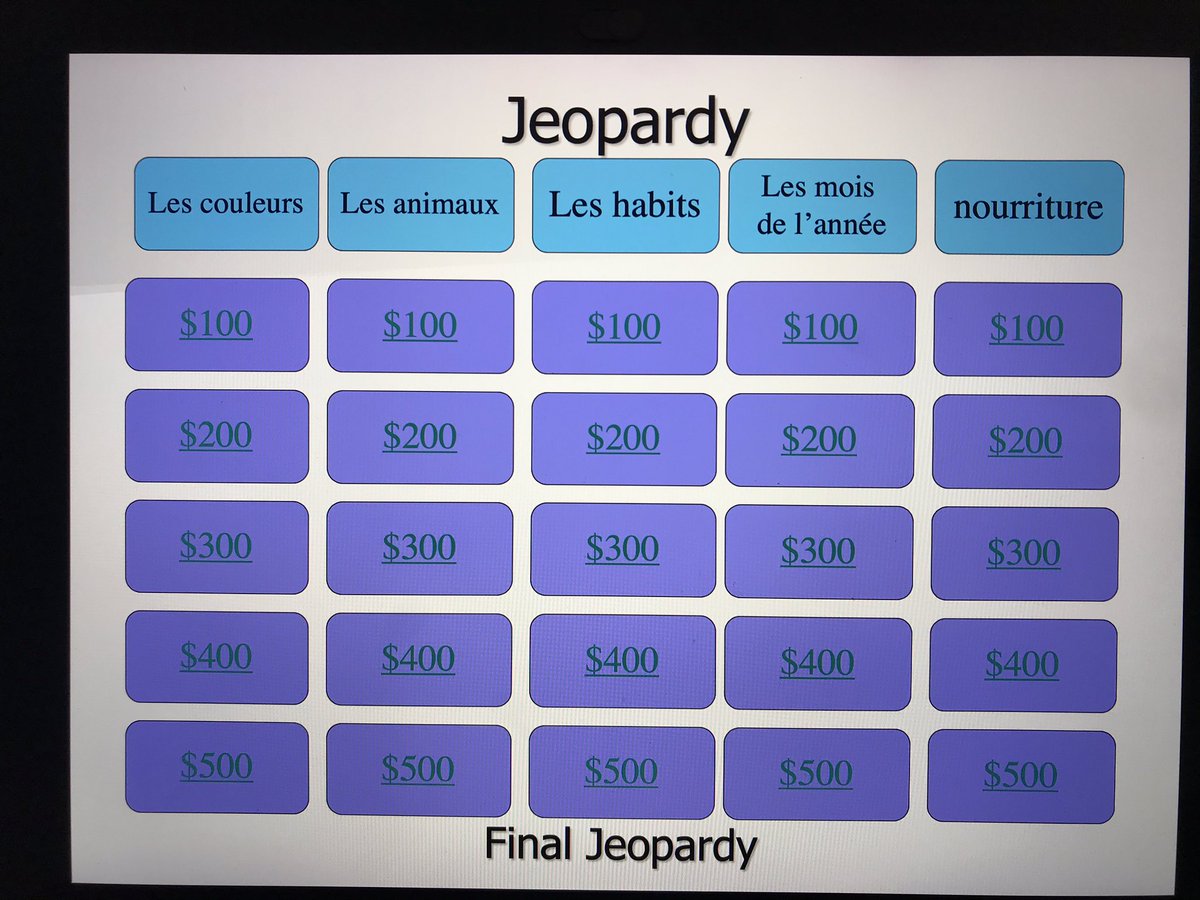 MmeGirimonte's tweet photo. Jeux jeudi on Google Meets today! 

Some learning fun and engaged students. 

#argent #vocabulaire #préfèrestu #speakingskills #Jeopardy @GetKahoot @StPioDPCDSB https://t.co/pyX3PV3Kt2
