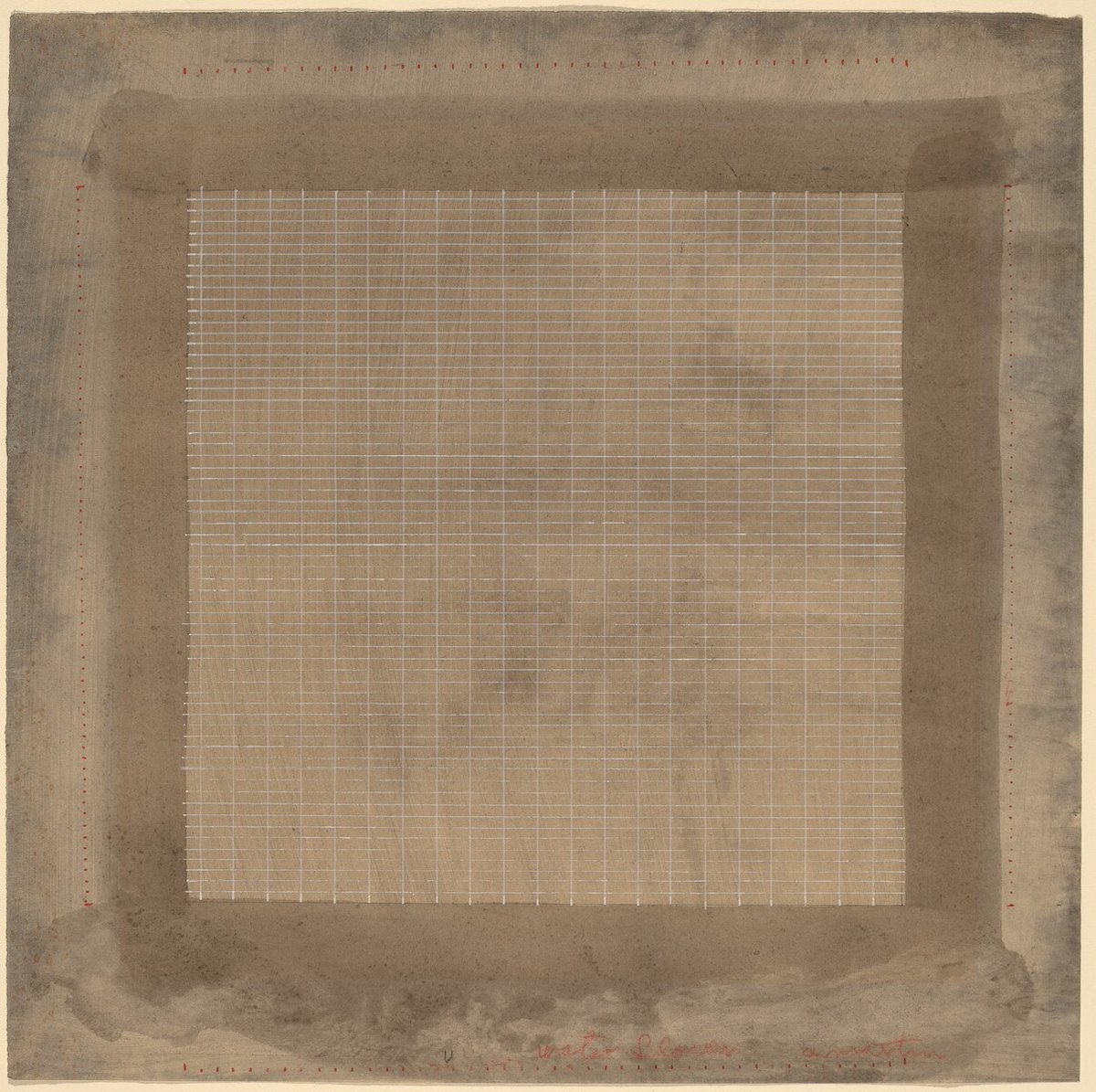 This work, “Water Flower,” (1963) is also in the Gallery’s collection. Eva Hesse apparently saw Agnes Martin’s art and took inspiration from the lines and grids seen in much of Martin’s art.