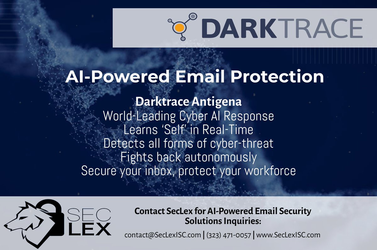 SeclexL's tweet photo. Phishing Threats are sitting in your inbox. SecLex along with @Darktrace self-learning AI, Antigena Email, can identify & stop today’s leading threats. Get your 30-day trial!
To find out more or to sign up visit us at: https://t.co/Rnynauaqag
#Cybersecurity #SecLex #Darktrace https://t.co/9sXAFpptsH
