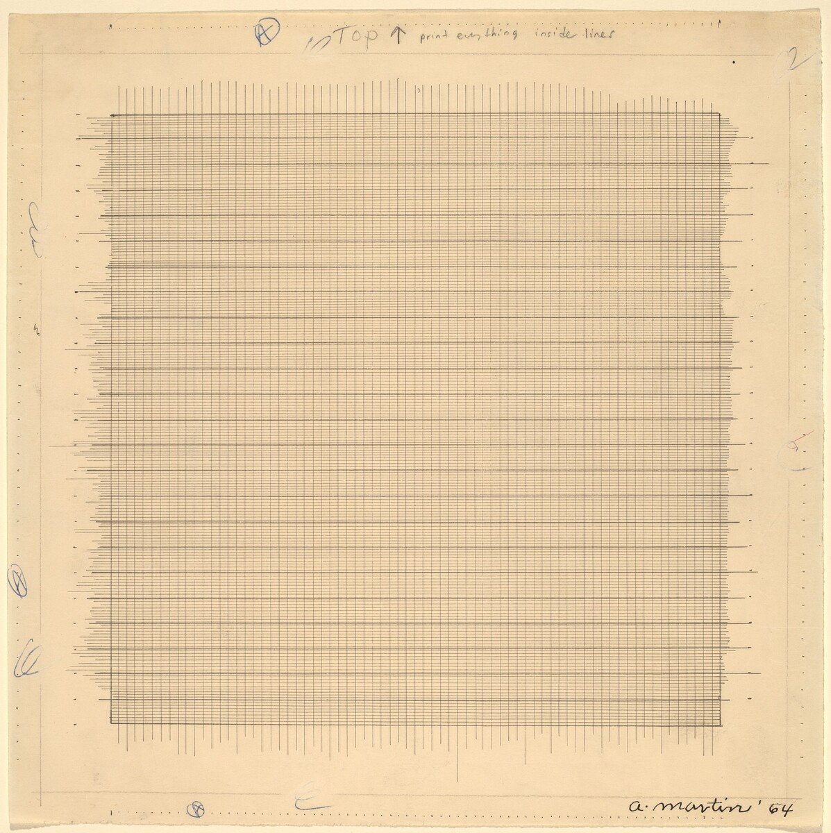 For Martin, paintings appeared fully formed in her mind’s eye. She would create a thumbnail sketch and then mathematically calculate how to transfer it to her standard 6-foot square canvas.["Untitled," 1964]