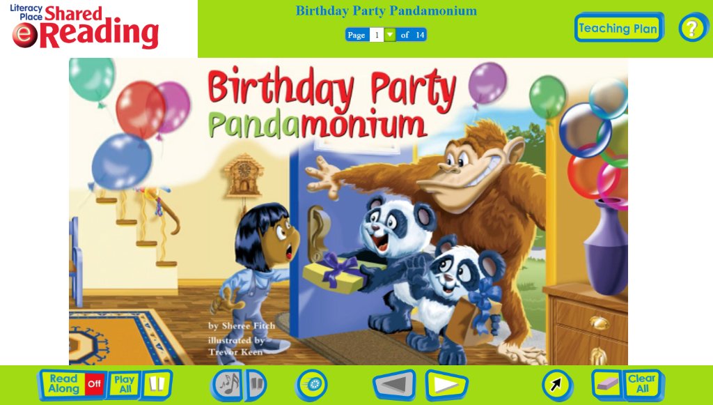 Read along in Shared eReading with Grade 1 titles like Birthday Party Pandamonium by @sherfitch. Download the teaching plan on our website and learn more about this Canadian primary resource — free access until June 30th. bit.ly/2Xbu0wk #SharedeReading #LearnAtHome