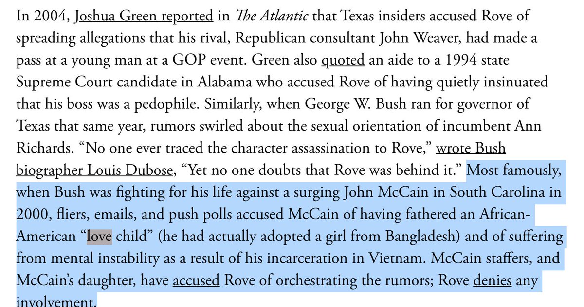 Btw "John McCain's love child" is not a throwaway. Rove really did that. (Oh look Rove denies the allegation.)