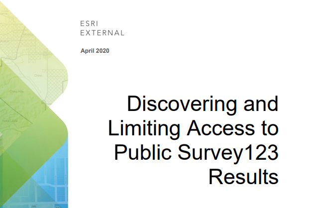 FYI: 'Discovering &amp; Limiting #Access to Public #Survey123 Results' <a href="/esri/">Esri</a> whitepaper bit.ly/2Tseb3D 

#ArcGISAdmin #bestpractices #security #CIO #CTO #GIO #govtech #GIS #fieldapps #survey #esri @esriSurvey123 <a href="/ArcGISApps/">ArcGIS Apps</a> <a href="/ArcGISOnline/">ArcGIS Online</a> <a href="/ArcGISXprise/">ArcGIS Enterprise</a>