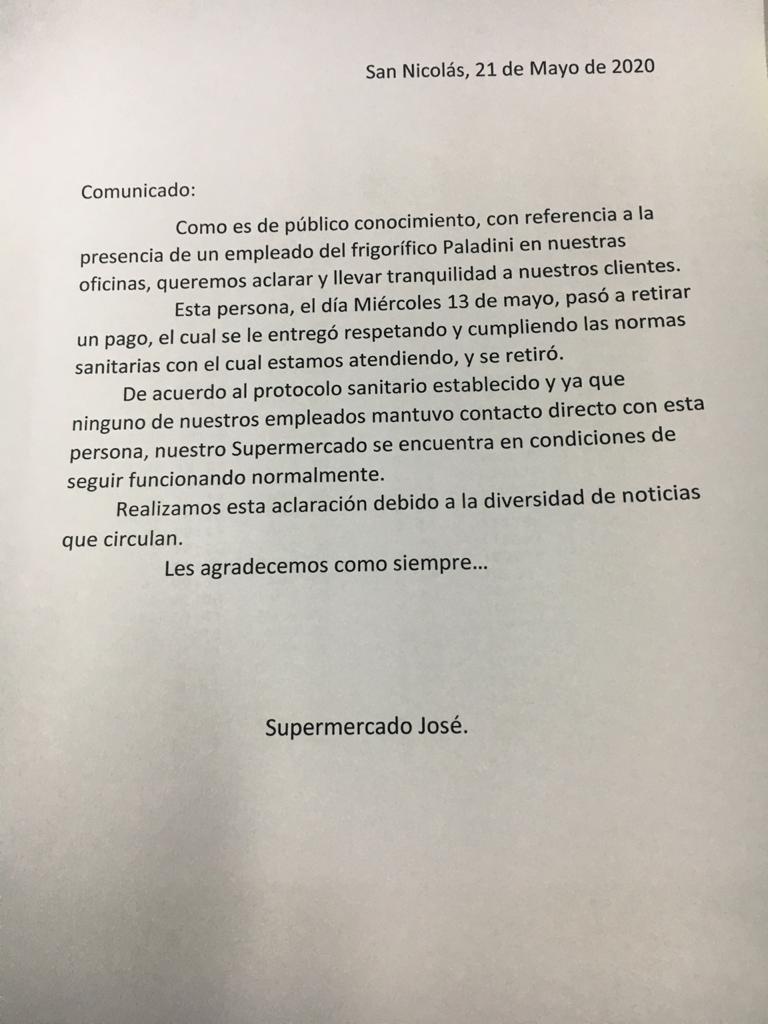 [COMUNICADO] ⭕️Luego que se conociera que un empleado del Frigorífico Paladini contrajo Coronavirus y el pasado 13 de mayo estuvo retirando un pago en Supermercado José, el autoservicio emitió un comunicado tras versiones maliciosas. 

diarioelinformante.com.ar/nota-57486_com…