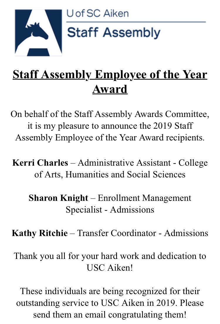 So proud to see not one, but two(!), members of the ⁦<a href="/ChooseAiken/">USC Aiken Admissions</a>⁩ team selected for this High honor! 😀 Congrats Kathy &amp; Sharon - and thanks for your service &amp; dedication to ⁦<a href="/USCAiken/">USC Aiken</a>⁩. 🎊🎈🎉 (PS - Kerri in ⁦<a href="/USCALiberalArts/">UofSC Aiken Liberal Arts</a>⁩ is pretty great too!) 😉