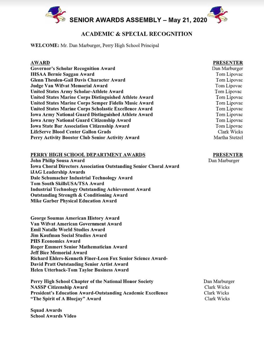 PerryBooster's tweet image. Tune in to the Perry High School Facebook page tonight for the senior awards assembly!   Congratulations kids! 💙