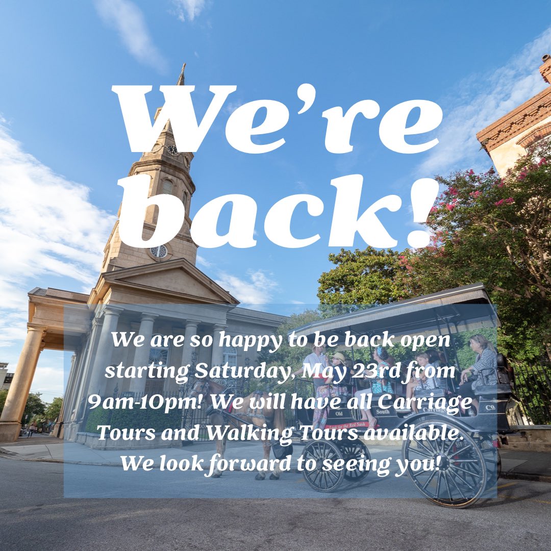 It’s the day we have all been waiting for!! We are OFFICIALLY opening back up on Saturday, May 23rd at 9am! For booking, please visit our website at oldsouthcarriage.com or call us at (843) 723-9712. We can’t wait to see you! 

#explorecharleston #charleston #historytour