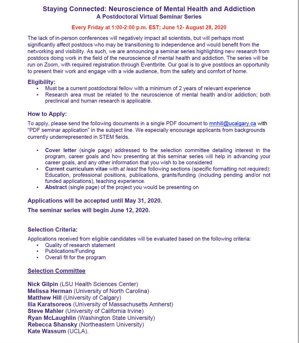 Postdoctoral fellows in the field of 'Neuroscience of Mental Health and Addiction' missing out presenting your work at conferences? A group of us have decided to set up a new virtual seminar series that will run over summer. See details below and apply by May 31 to be considered!
