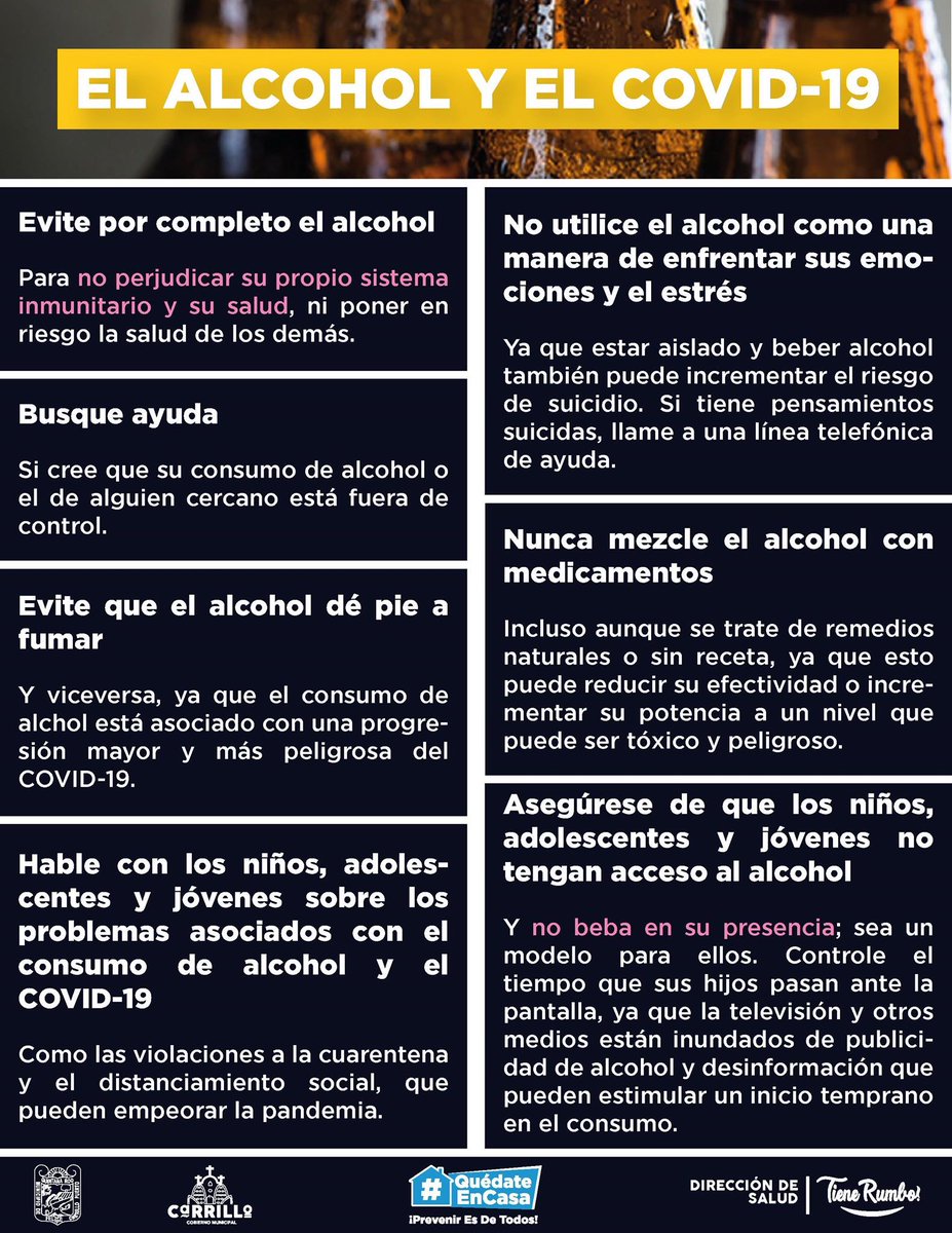 🚫🍺 Alcohol y COVID19 🦠
❌ Evite por completo el alcohol, perjudica su propio sistema inmunitario y su salud.✨