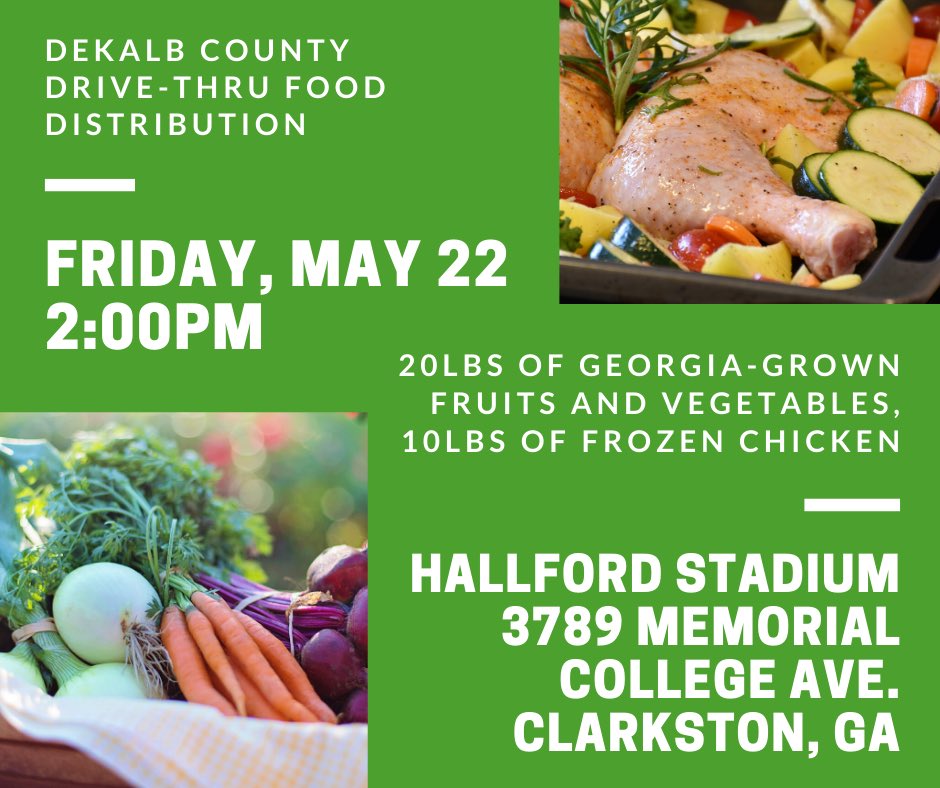 JollyAveGarden's tweet photo. On Friday, May 22nd (TOMORROW), DeKalb County will be hosting a 2 hour drive-thru event to distribute 1,200 boxes of fresh produce and 1,200 bags of chicken to support those with food insecurity... https://t.co/snvy42cItg