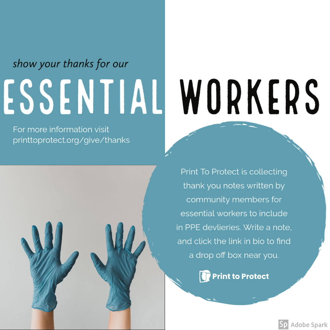 PrinttoProtect's tweet photo. Support essential workers by writing thank you notes! To find a drop off box near you, visit https://t.co/8kgBtaaNeV https://t.co/5NwCJEb3wT