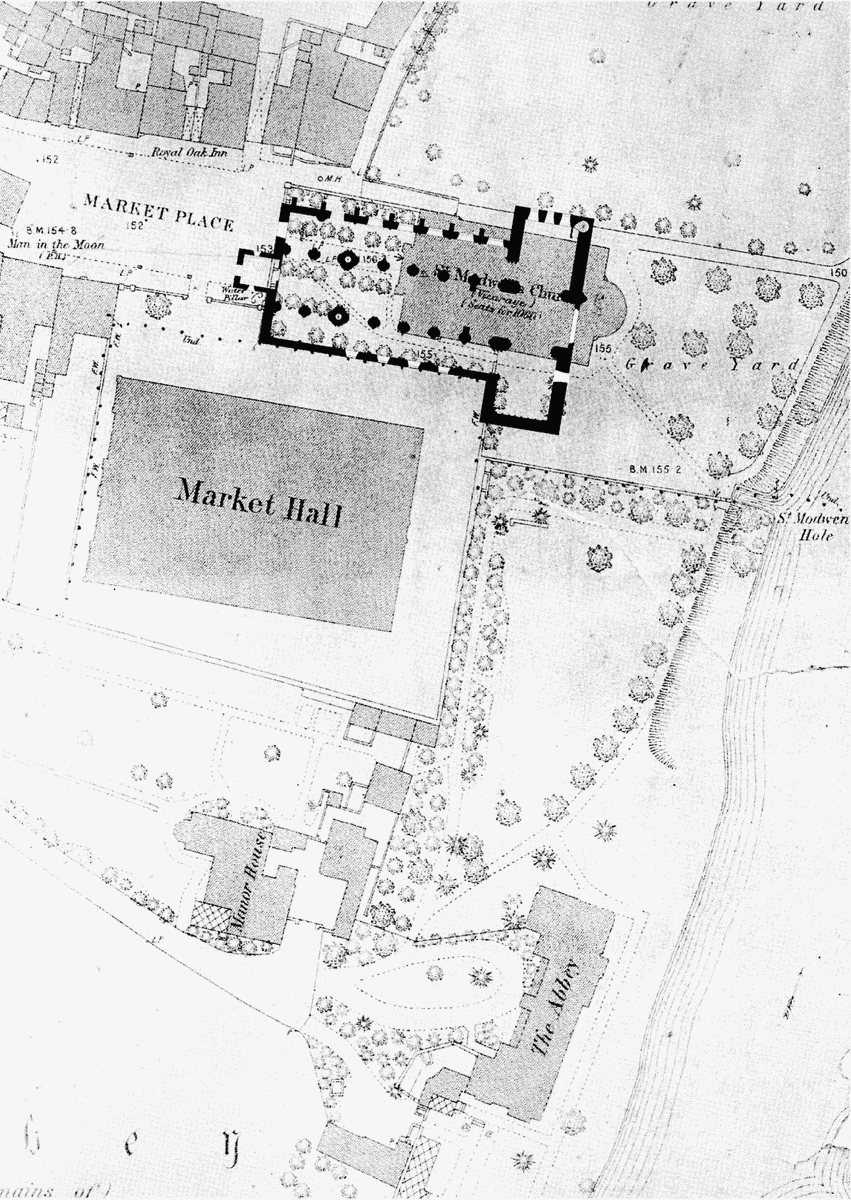 There are two plans. One of the nave, under the current 18thc St Modwen's church in 2003 VCH (red). The other very sketchy early 20thc one which is wrong on the walls of the church (blue). But gives you an idea of the cloister under the market hall.