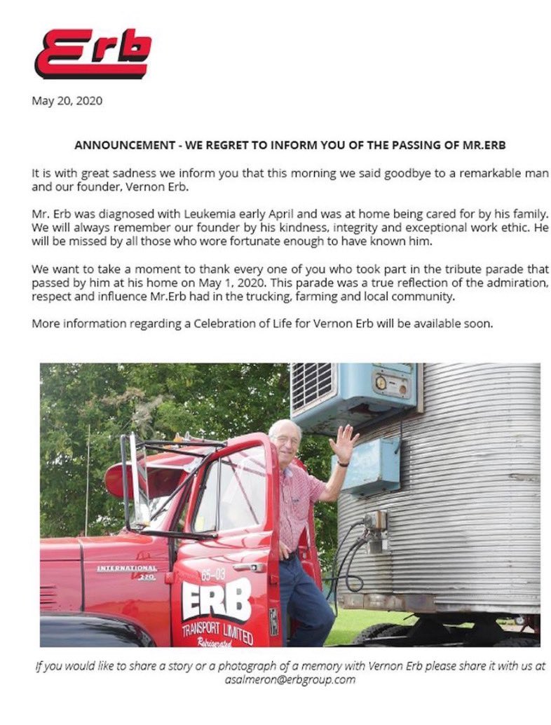 ChrisFinnie05's tweet photo. Our family is very saddened to hear about Vernon Erb’s passing. Ever since moving to Baden, our son has loved Erb trucks and Mr and Mrs Erb were very generous to Caleb as they were their community. Caleb even had an Erb Truck b-day cake and they donated a truck for it. RIP https://t.co/HZJHpe5LKo