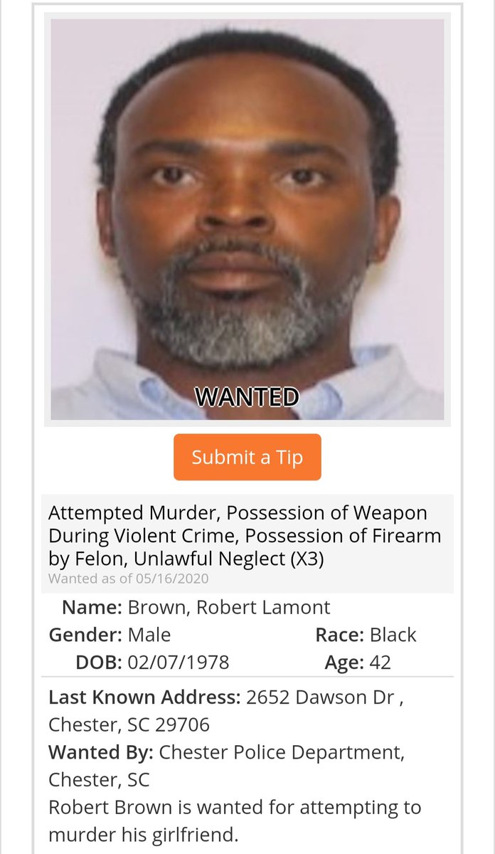 ChesterPoliceSC's tweet image. If you have any information on his wearabouts  please contact the City of Chester Police Department or leave a tip at crimesc.com. CRIMESTOPPERS is offering up to $1,000 reward in a tip that leads to his arrest. You can remain anonymous.