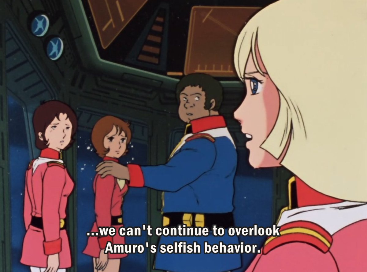 asdfghjkl ok so this is what the subs say BUT THE DIALOGUE IN THE DUB ISSayla: we can't ignore amuro's constant immature behaviourRyu: he did violate every rule in the book and he shouldn't be rewarded for thatFUCKING GET HIS ASS RYU