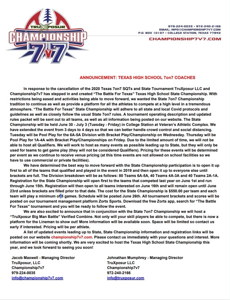 Championship7v7's tweet photo. 🚨MAJOR ANNOUNCEMENT🚨
TEXAS HIGH SCHOOL 7on7
After a ton of work over a short period of time we are very excited to announce that we will be hosting the 2020 Texas High School 7on7 State Championship! https://t.co/WqUMT323nf