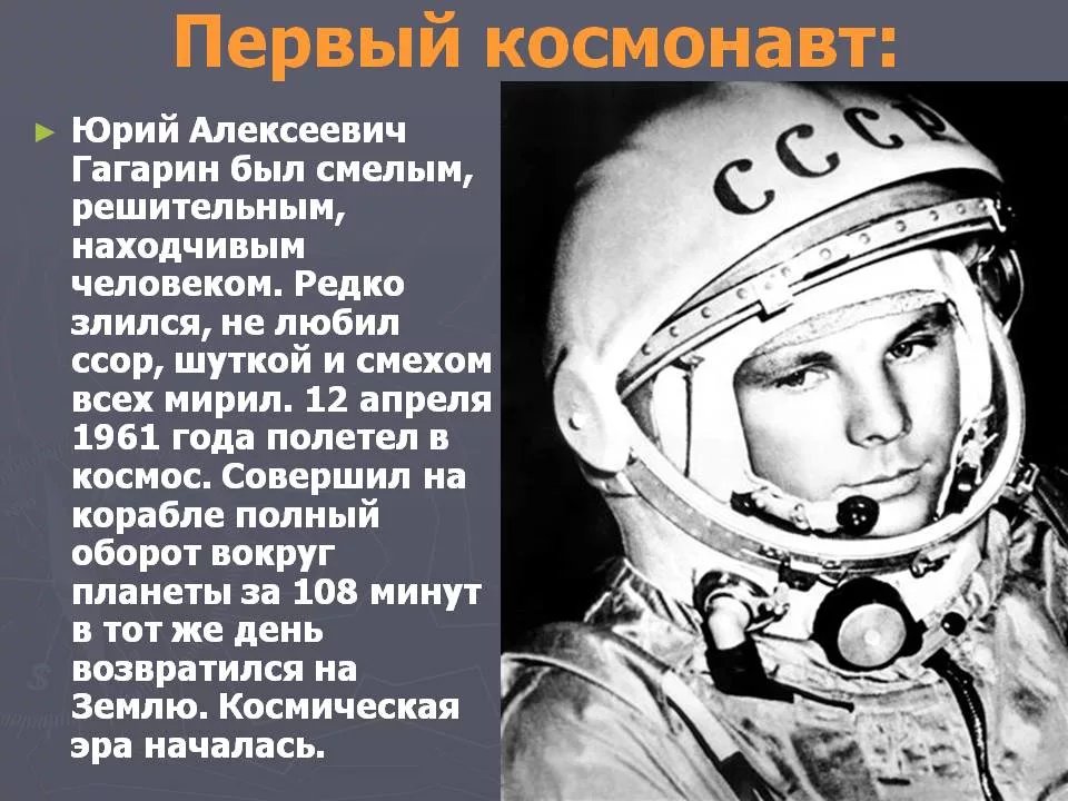 1 космонавт в истории человечества. Герои космоса Гагарин.