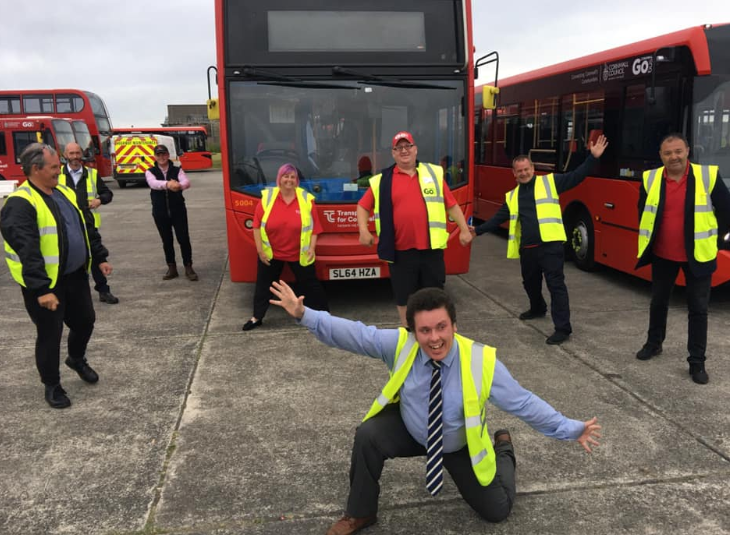 GoCornwallBuses's tweet photo. Team TFC staff from Go Cornwall Bus at Newquay depot taking part in there special convoy for the clap for NHS staff and Key workers this evening. #NHS #Cornwall #Kernow #TeamTfC #TeamGcB #NHSclap #clapforNHS #keyworkers #clap https://t.co/Y8Y691F8jT