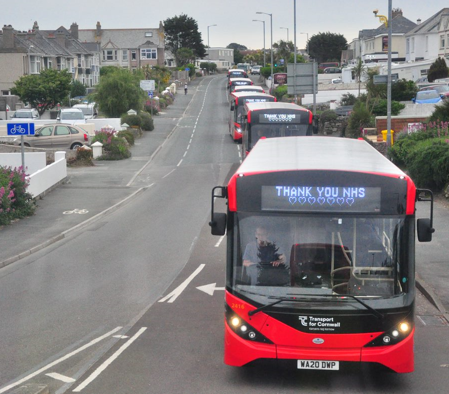GoCornwallBuses's tweet photo. Team TFC staff from Go Cornwall Bus at Newquay depot taking part in there special convoy for the clap for NHS staff and Key workers this evening. #NHS #Cornwall #Kernow #TeamTfC #TeamGcB #NHSclap #clapforNHS #keyworkers #clap https://t.co/Y8Y691F8jT