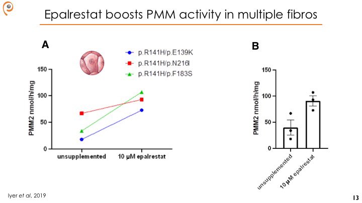 We then tested epalrestat on three PMM2-CDG patient fibroblast lines.Epalrestat increased phosphomannomutase activity in all three lines, ranging from 40-400% boosts.