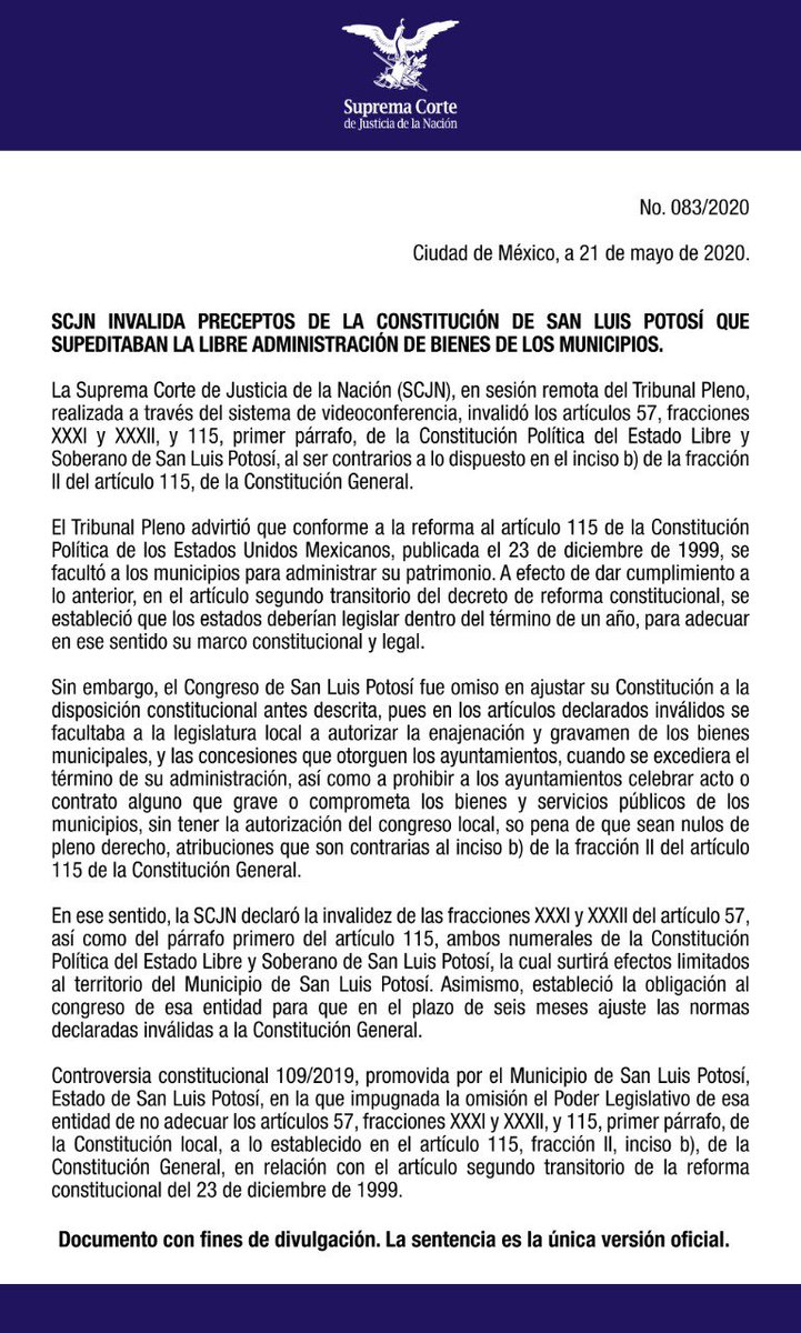 SCJN's tweet image. El Pleno de la Corte invalidó las normas de la Constitución de San Luis Potosí que son contrarias a la facultad de los municipios para administrar su patrimonio, prevista en artículo 115 de la Constitución General. Se ordena adecuar las normas impugnadas a la Constitución.