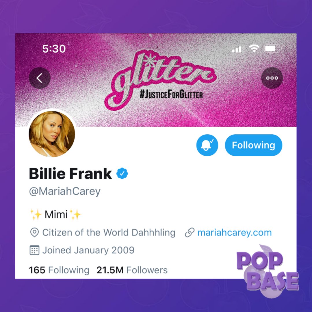 PopBase's tweet photo. Mariah Carey has changed her Twitter name and layout to honor her #Glitter character, ‘Billie Frank’. #JusticeForGlitter https://t.co/BhgzzOWkyz