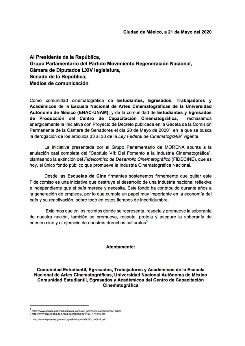 agaenac's tweet photo. #NoDerogaciónFIDECINE en Ley Federal de Cinematografía 
#AlertaCine
#EsDeTodxs 
#ElCineEsDeTodxs

Posicionamiento de las Comunidades ENAC-UNAM y CCC ante derogación de FIDECINE @lopezobrador_ @mario_delgado @Dolores_PL @SusanaHarp @SergioMayerb https://t.co/4GImLUoytp