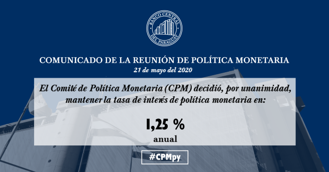 BCP_PY's tweet photo. El #CPMpy resolvió, en su reunión de mayo, mantener la tasa de interés de política monetaria en 1,25% anual.
Leé el comunicado de prensa: https://t.co/iGHrtivj5g https://t.co/avD7AXa888