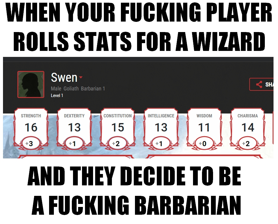 LillyEven's tweet photo. So... I make my players roll D6 for stats. I might stop doing it after this... #DnD #DnD5e #fml #DMshit https://t.co/egJ4B6Ijdd