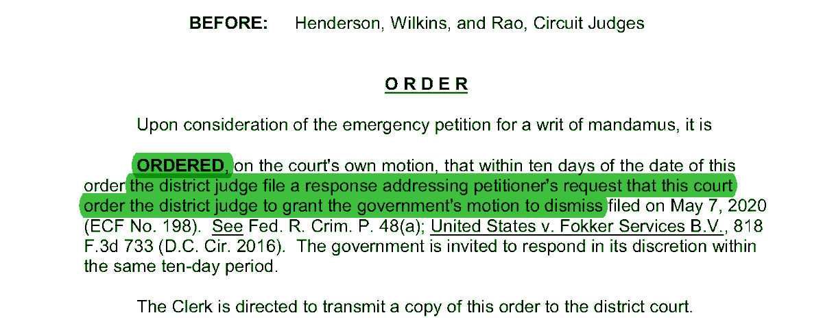 1) The wording of the DC Circuit's order directing Judge Sullivan to personally respond to  @SidneyPowell1's writ shows it is deeply troubled by Judge Sullivan's actions.  #appellatetwitter