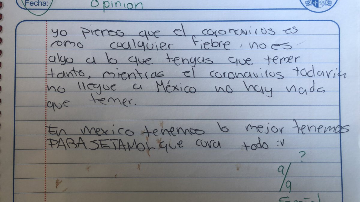 Zapicita's tweet photo. Razonamiento infantil sobre #coronavirus 
De hace más de 2 meses 
Increíble lo que la inocencia expresa y ojalá el #paracetamol curara todo 
#México https://t.co/UKvEsqH3jq