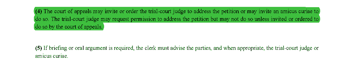 8) Rule 21(b)(4) states that the appellate court "may invite or order the trial-court judge to address the petition or may invite an amicus curiae to do so."  #appellatetwitter