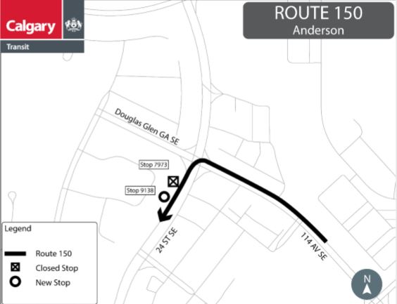 calgarytransit's tweet photo. #CTRiders #Route150 Starting Monday, May 25 at the start of service, stop# 7973 located on southbound 24 Street S.E. at Douglas Glen Gate will be relocated to stop# 9138 (approx. 20 meters south). https://t.co/cC5hUhQgr7 https://t.co/Ixhl67InFT