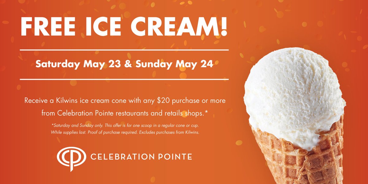 celebrationpt's tweet photo. Make your #weekend even better with a @Kilwins cone on us! Enjoy a sweet treat when you purchase $20+ from #CelebrationPointe shops and restaurants this Saturday or Sunday. https://t.co/cVwxuWnNfp https://t.co/3i0FR7JRLy