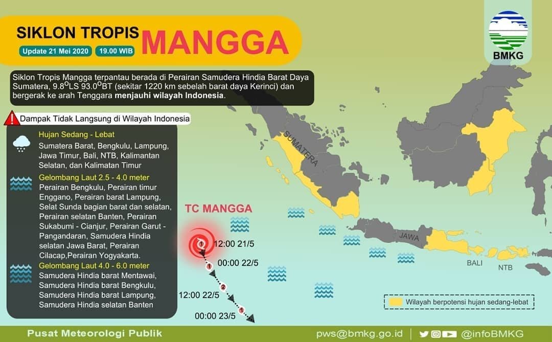 #Repost @infoBMKG
• • • • • •
BMKG melalui Tropical Cyclone Warning Centre (TCWC) Jakarta mendeteksi lahirnya siklon tropis “MANGGA” di Samudra Hindia sebelah barat daya Bengkulu pada 21 Mei 2020 pukul 19.00 WIB.

#infoBMKG #PrakiraanCuaca #MariKenaliCuaca  #21Mei2020pws