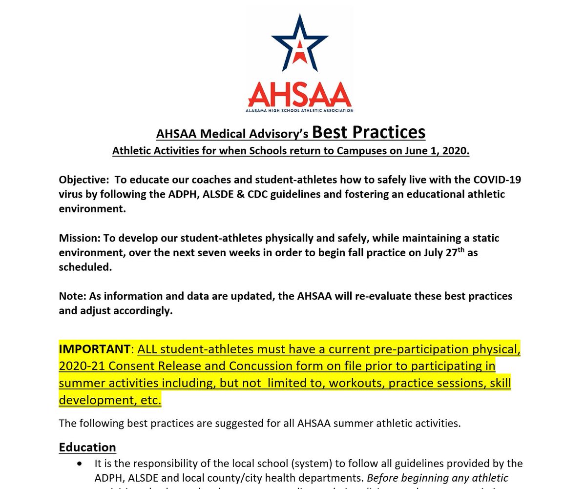 AHSAAnow's tweet photo. See the front page of https://t.co/8UpAMJtfvx for the latest updates regarding guidelines for return to athletics and our Frequently Asked Questions to answer any questions you may have! https://t.co/jakO1P6E8N