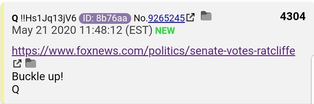 32.  #QAnon Richard Grenell, US ambassador to Germany, has been currently serving as acting DNI declassifying files related to the "unmasking" of former national security adviser Michael Flynn's name in intelligence reports. Ratcliffe will replace Grenell  https://www.foxnews.com/politics/senate-votes-ratcliffe