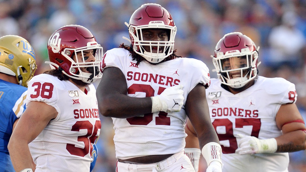 PFF_College's tweet photo. Highest graded returning Big 12 DTs:

1. Jalen Redmond, Oklahoma - 82.6
2. Darius Stills, WVU - 76.1
3. Moro Ojomo, Texas - 76.0
4. Samuela Tuihalamaka, Ok St - 75.3 https://t.co/1DNiyQcMej